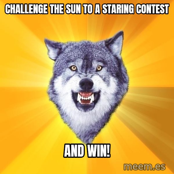 Courage Wolf meme: challenge the sun to a staring contest / and win!