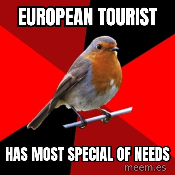 Retail Robin meme: european tourist / has most special of needs