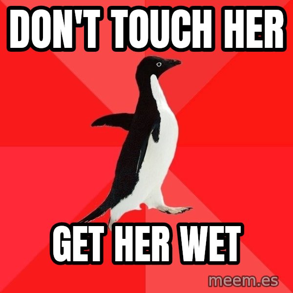 Socially Awesome Penguin meme: don't touch her / get her wet