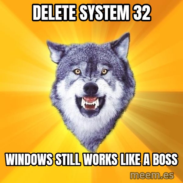 Courage Wolf meme: Delete system 32 / Windows still works like a boss