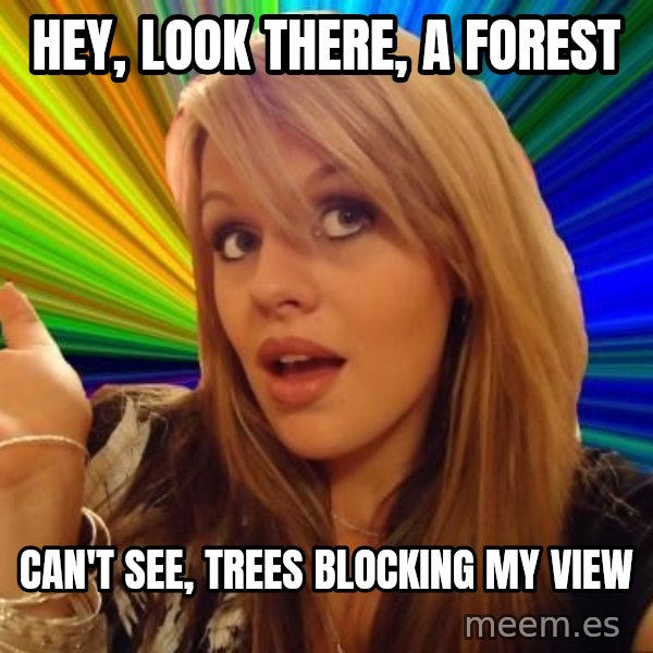 Dumb Blonde meme: Hey, look there, a forest / can't see, trees blocking my view