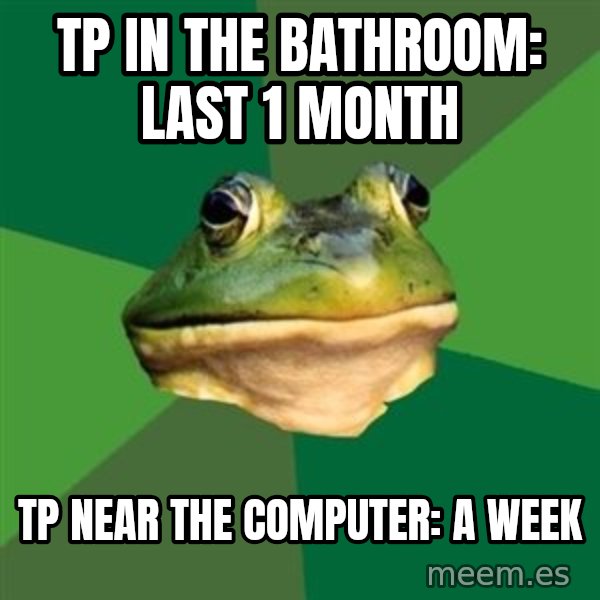 Foul Bachelor Frog meme: TP IN the bathroom: last 1 month / TP near the COMPUTER: a week