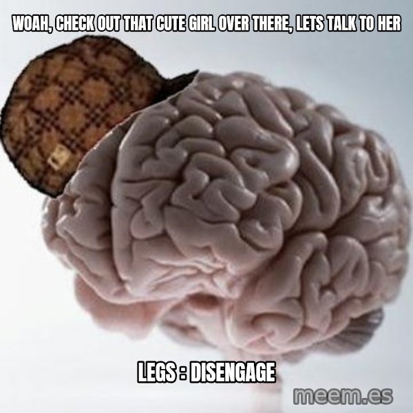 Scumbag Brain meme: woah, check out that cute girl over there, lets talk to her / LEGs : disengage