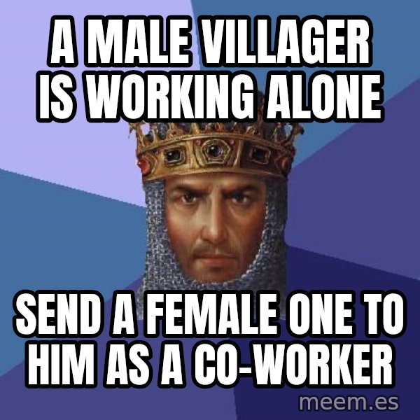Age Of Empires meme: a male villager is working alone / send a female one to hım as a co-worker