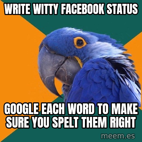 Paranoid Parrot meme: write witty facebook status / google each word to make sure you spelt them right