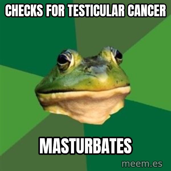 Foul Bachelor Frog meme: Checks for testicular cancer / masturbates