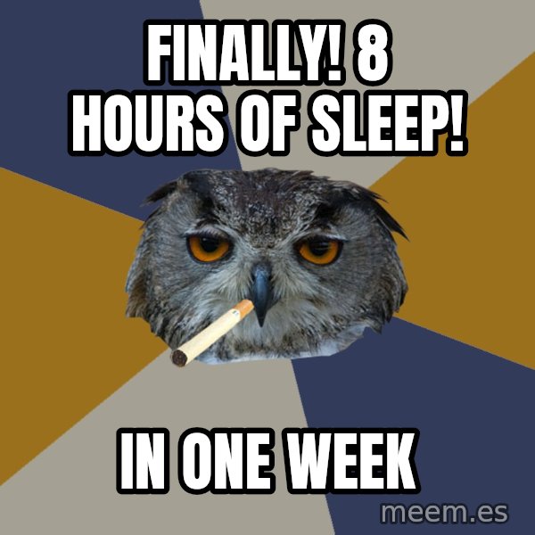 Art Student Owl meme: FINALLY! 8 HOURS OF SLEEP! / IN ONE WEEK