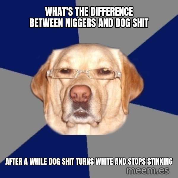 Racist Dog meme: what's the difference between niggers and dog shit / after a while dog shit turns white and stops stinking