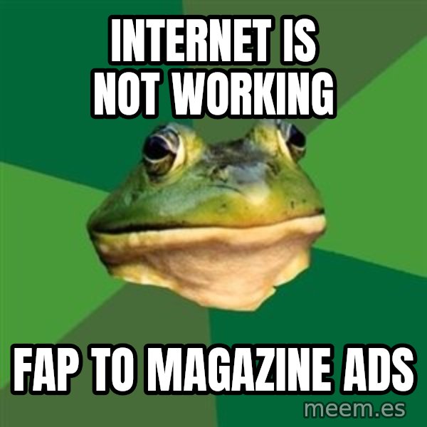 Foul Bachelor Frog meme: Internet is not working / fap to magazine ads