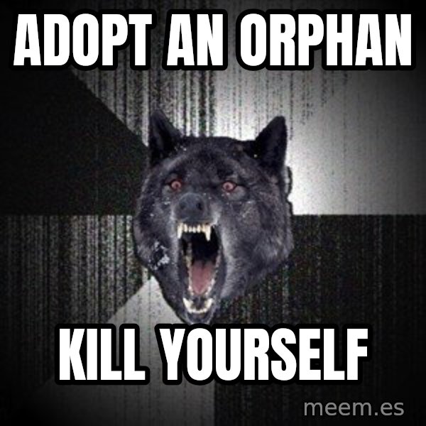 Insanity Wolf meme: adopt an orphan / kill yourself