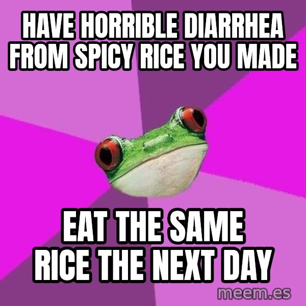 Foul Bachelorette Frog meme: HAVE HORRIBLE DIARRHEA FROM SPICY RICE YOU MADE / EAT THE SAME RICE THE NEXT DAY