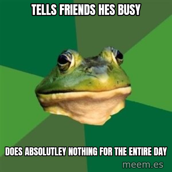 Foul Bachelor Frog meme: tells friends hes busy / does absolutley nothing for the entire day