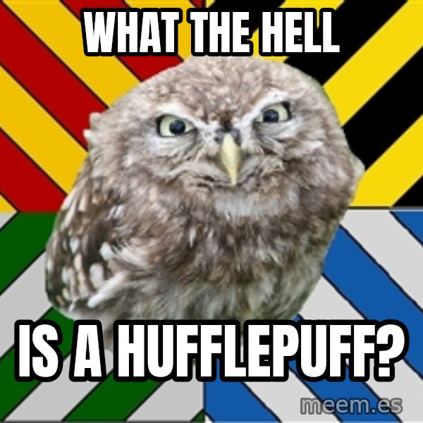 JEALOUS POTTEROMAN meme: What the hell / Is a hufflepuff?