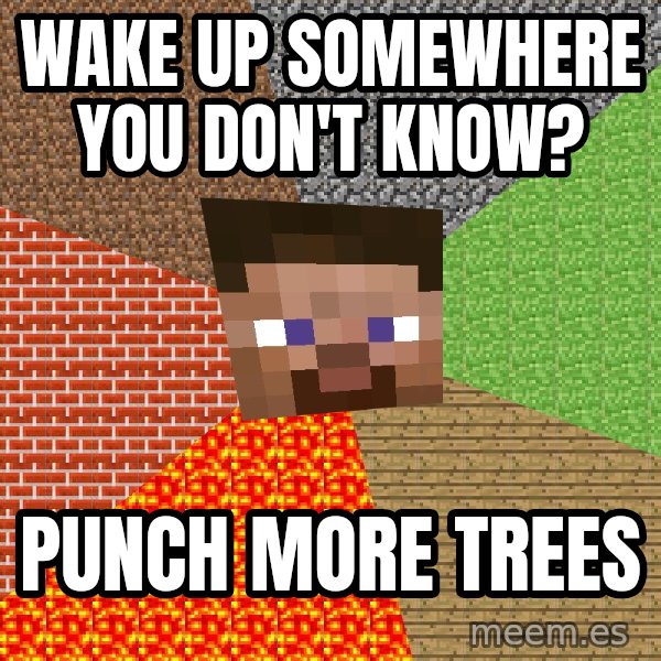 Minecraft Guy meme: Wake up somewhere you don't know? / punch more trees