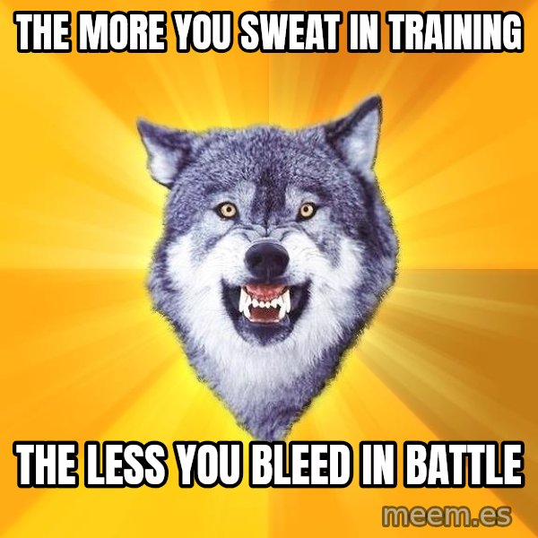 Courage Wolf meme: The more you sweat in training / the less you bleed in battle