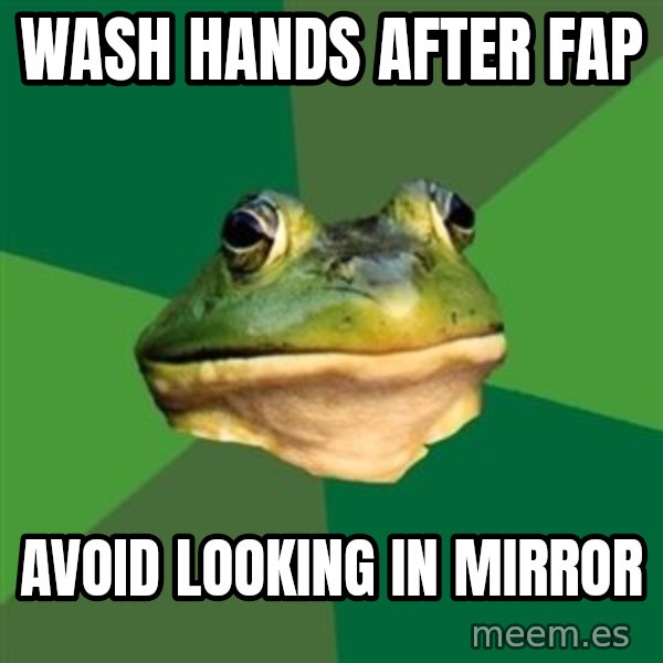 Foul Bachelor Frog meme: wash hands after fap / avoid looking in mirror