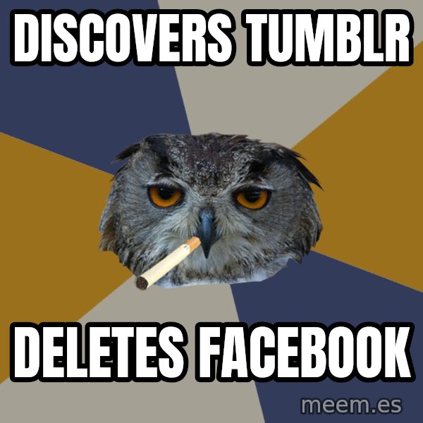 Art Student Owl meme: discovers tumblr / deletes facebook