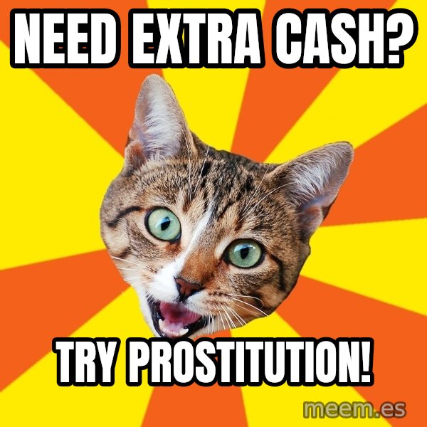 Bad Advice Cat meme: need Extra cash? / try prostitution!