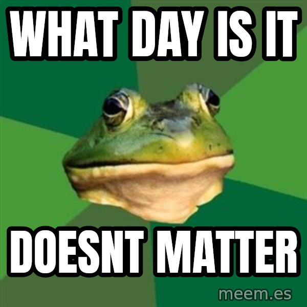 Foul Bachelor Frog meme: WHAT DAY IS IT / DOESNT MATTER