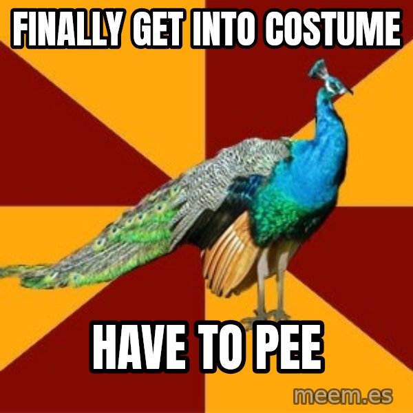 Thespian Peacock meme: Finally Get into Costume / Have to pee