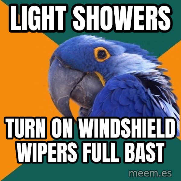 Paranoid Parrot meme: light showers / turn on windshield wipers full bast