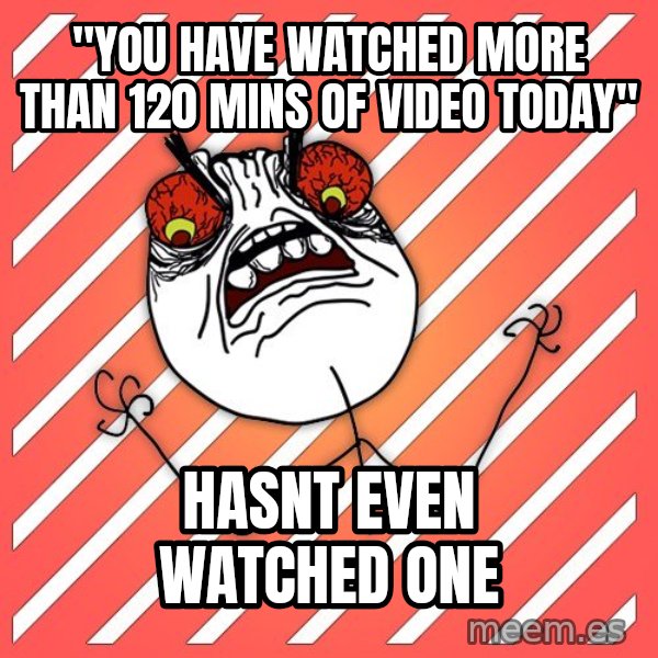 iHate meme: "you have watched more than 120 mins of video today" / Hasnt even watched one
