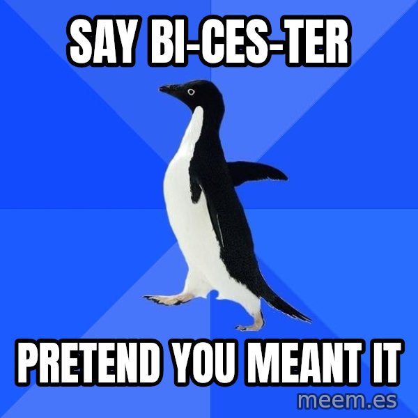 Socially Awkward Penguin meme: say bi-ces-ter / pretend you meant it
