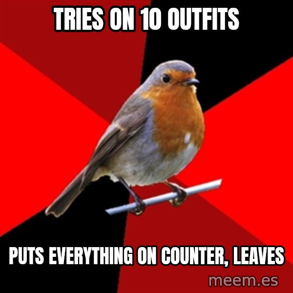 Retail Robin meme: tries on 10 outfits / puts everything on counter, leaves