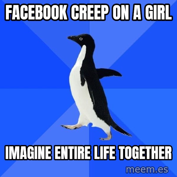 Socially Awkward Penguin meme: Facebook creep on a girl / imagine entire life together