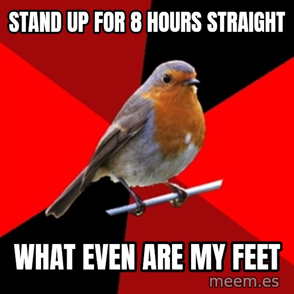 Retail Robin meme: stand up for 8 hours straight / what even are my feet