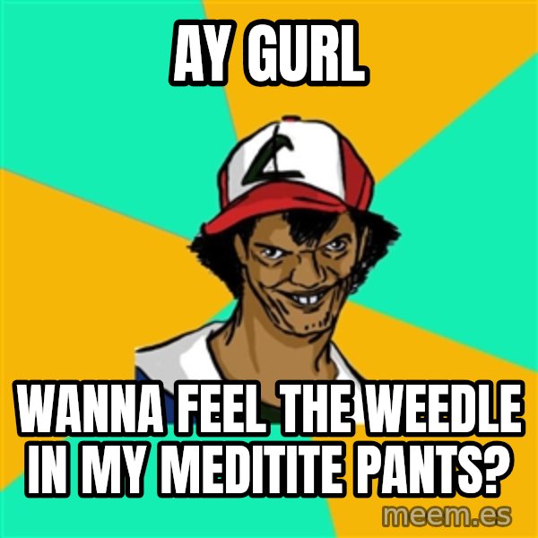 Ash Pedreiro meme: ay gurl / wanna feel the weedle in my meditite pants?