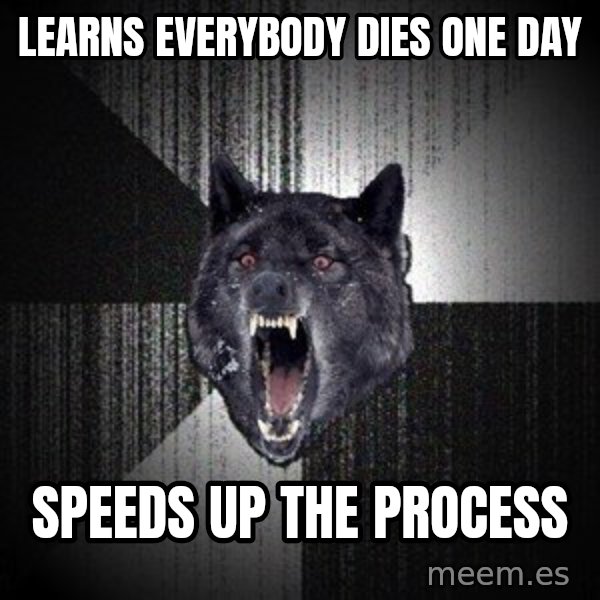 Insanity Wolf meme: LEarNs eveRybody dIes one day / Speeds up the process