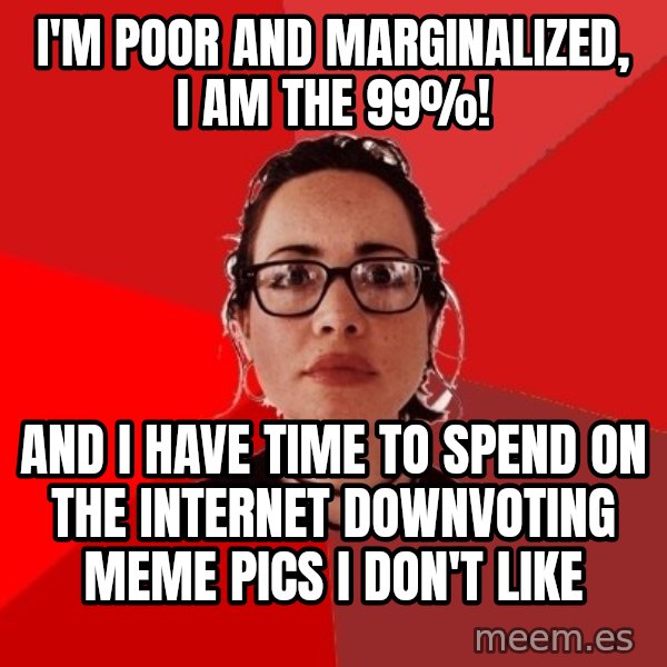 Liberal Douche Garofalo meme: I'm poor and marginalized, I am the 99%! / And I have time to spend on the internet downvoting meme pics I don't like