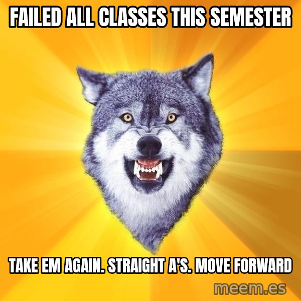 Courage Wolf meme: Failed all classes this semester / take em again. Straight A'S.  mOVE FORWARD