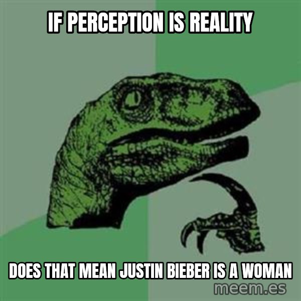 Philosoraptor meme: If perception is reality / does that mean justin bieber is a woman