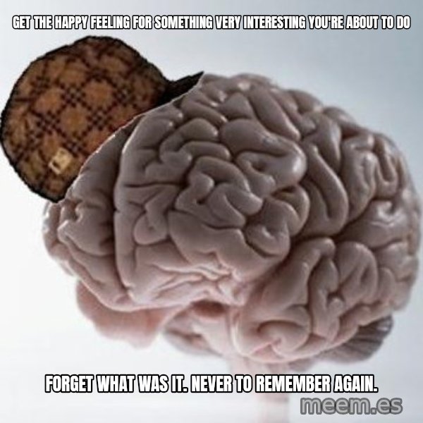 Scumbag Brain meme: get the happy feeling  for something very interesting you're about to do / forget what was it. never to remember again.