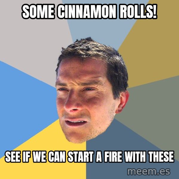 Bear Grylls meme: some cinnamon rolls! / see if we can start a fire with these