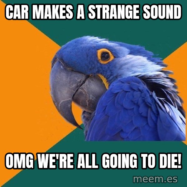 Paranoid Parrot meme: car makes a strange sound / OMG We'RE ALL GOING TO DIE!