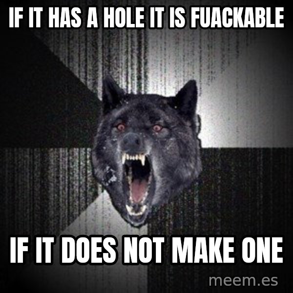 Insanity Wolf meme: If it has a hole it is fuackable / if it does not MAKE ONE