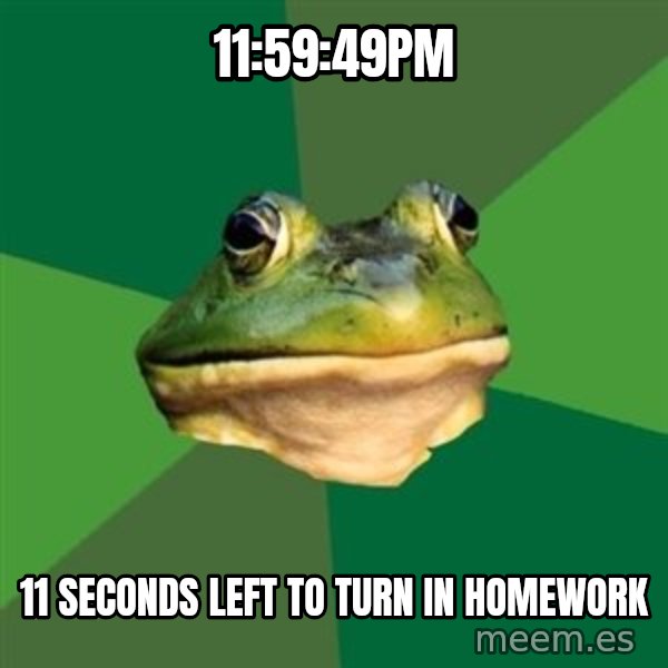 Foul Bachelor Frog meme: 11:59:49pm / 11 seconds left to turn in Homework