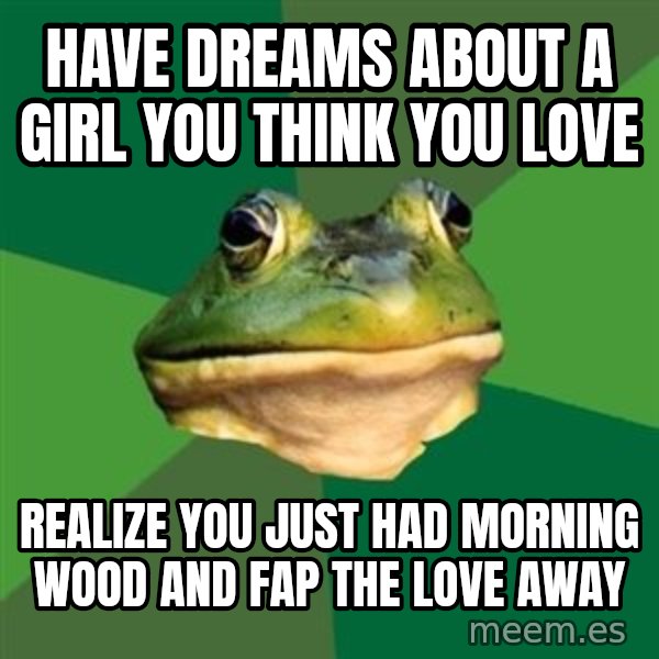 Foul Bachelor Frog meme: have dreams about a girl you think you love / realize you just had morning wood and fap the love away