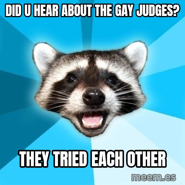 Lame Pun Coon meme: Did u hear about the gay judges? / they tried each other