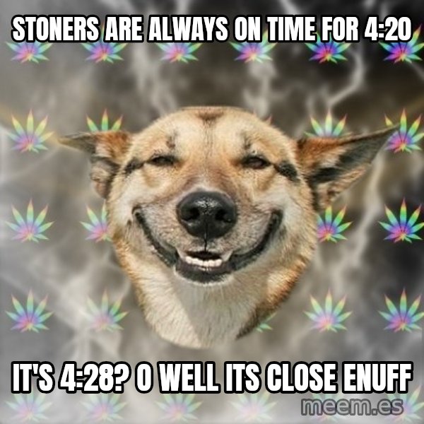 Stoner Dog meme: Stoners are always on time for 4:20 / It's 4:28? O well its close enuff