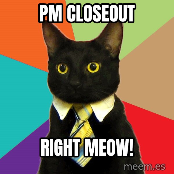 Business Cat meme: PM CLoseout / Right MEOW!