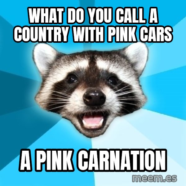 Lame Pun Coon meme: what do you call a country with pink cars / a pink carnation