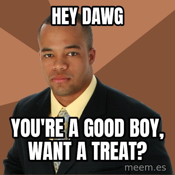 Successful Black Man meme: hey dawg / you're a good boy, want a treat?