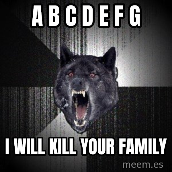 Insanity Wolf meme: A B C D E F G / I will kill your family