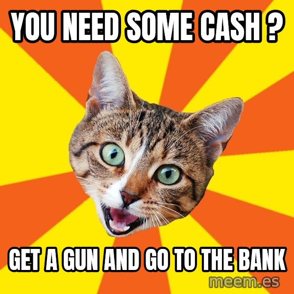 Bad Advice Cat meme: you need some cash ? / get a gun and go to the bank