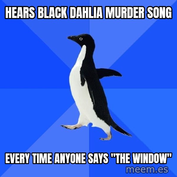 Socially Awkward Penguin meme: Hears black dahlia murder song / Every time anyone says "The window"