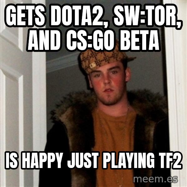 Scumbag Steve meme: Gets Dota2, Sw:tor, and Cs:Go beta / Is happy just playing Tf2
